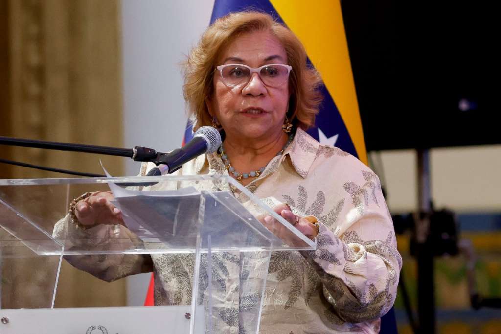 Colombia's Foreign Minister Rosa Yolanda Villavicencio speaks during a joint press conference with his Venezuelan counterpart Foreign Minister Yvan Gil, in Caracas on April 23, 2026. (Photo by STRINGER / AFP)