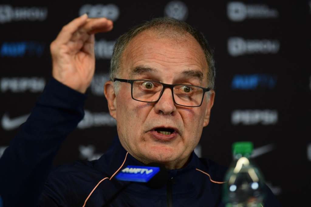 Uruguay's Argentine head coach Marcelo Bielsa gestures during a press conference at the Centenario Stadium in Montevideo on June 30, 2026. (Photo by Dante FERNANDEZ / AFP)