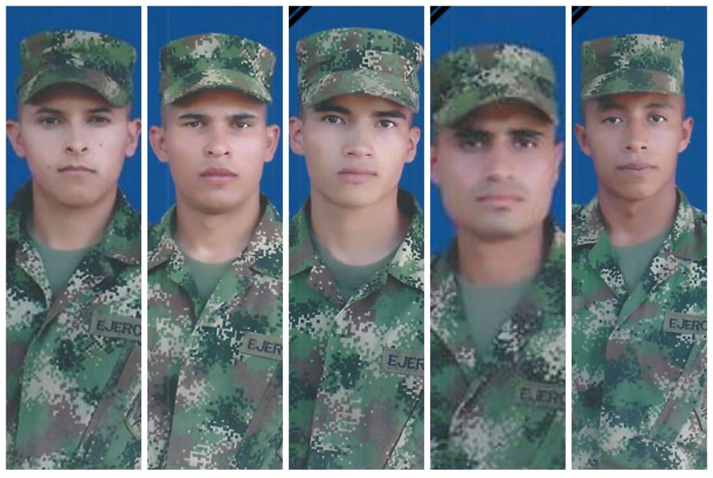 Las víctimas del ataque fueron identificadas como los soldados Jhonathan Pérez, Gabriel Pérez Caro, Laurentino Peña, Jeisson Peña Roco y Egdy Fernando Pérez. /Ejército.
