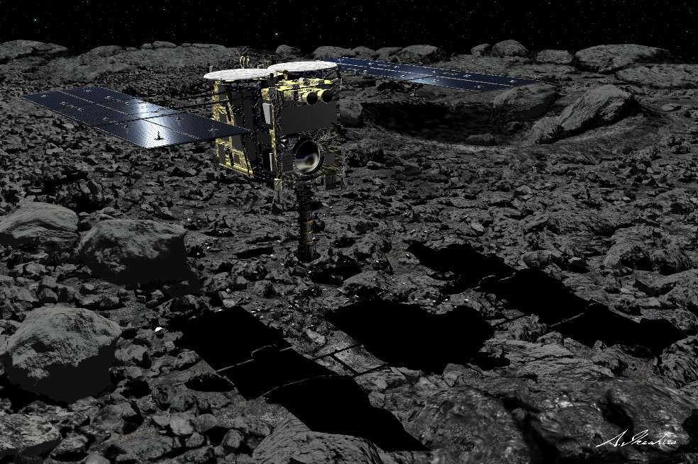 Ilustración realizada por Mr. Akihiro Ikeshita del momento en que Hayabusa2 aterriza en el asteroide en 2018.