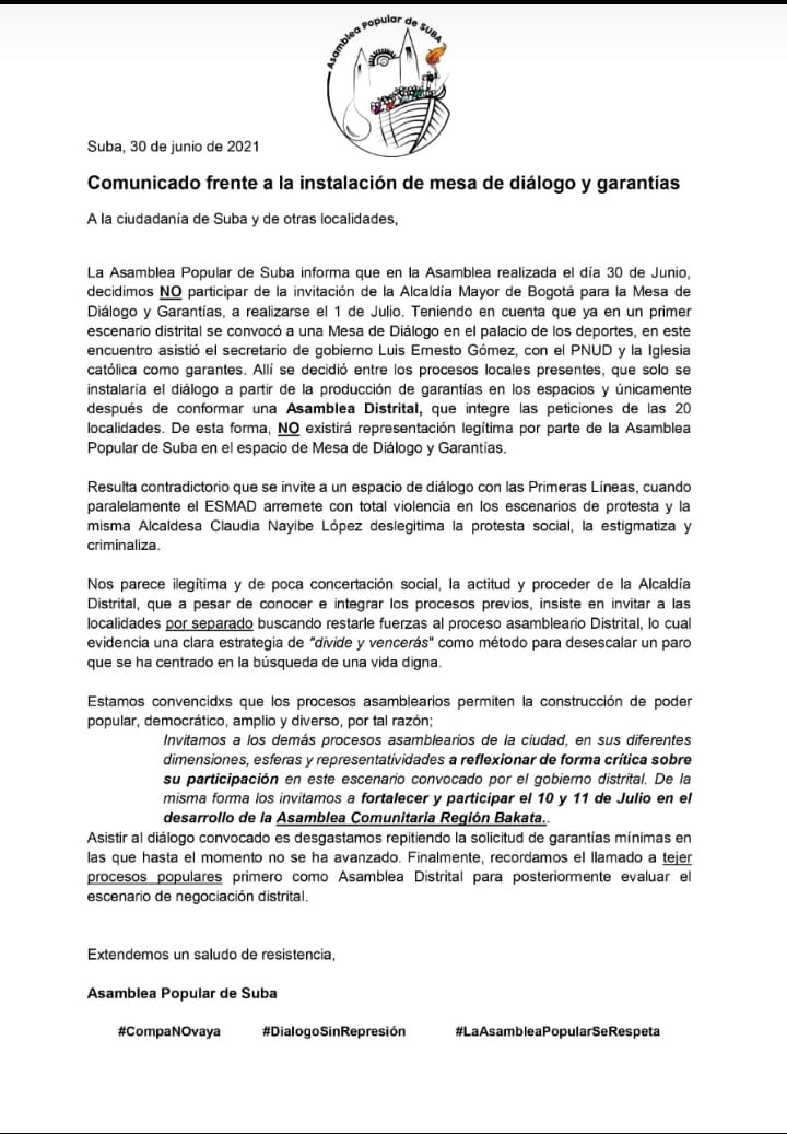 Primera Línea de Portal Resistencia no acudira a reunión con Alcaldía de Bogotá