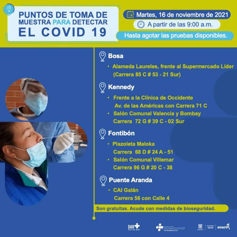 ¿Dónde hay pruebas gratuitas para Covid-19 este martes en Bogotá?