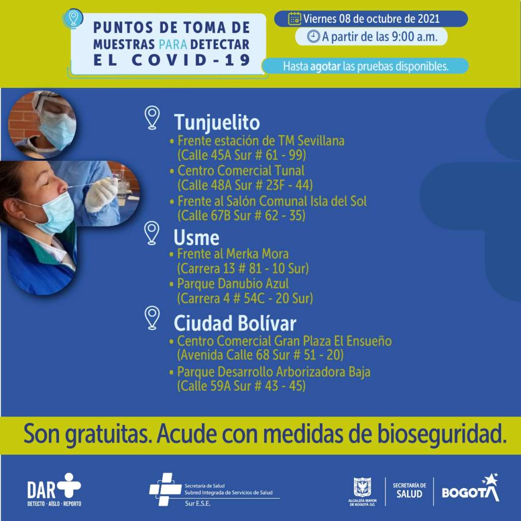 Estos son los puestos de pruebas Covid-19 para este viernes en Bogotá