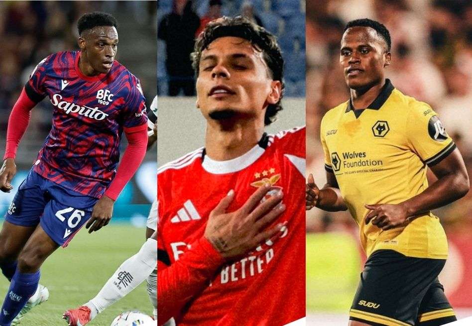 Jhon Lucumí (izq), jugador de Bolonia de Italia; Richard Ríos (centro) jugador de Benfica de Portugal, y Jhon Arias (der), jugador de Wolverhampton de Inglaterra.