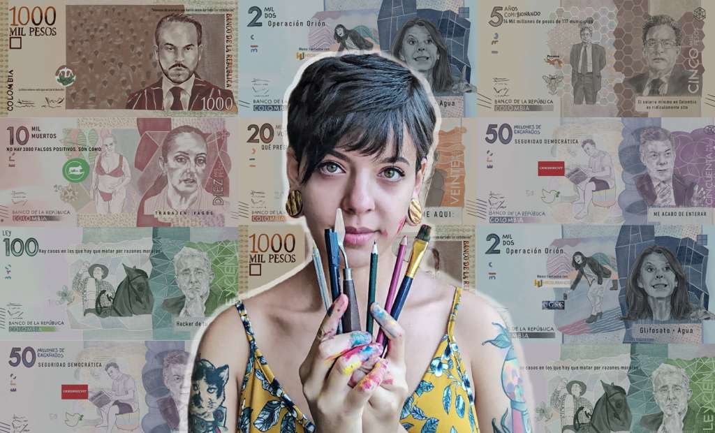 Sara Vélez García, licenciada en artes de Medellín, creadora de la serie de intervención de billetes llamada "Dinero Sucio".