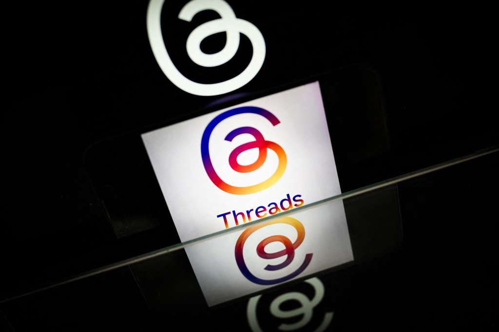 (FILES) This photograph taken on March 7, 2024 in Nantes, shows the logo of US social media platform Threads, of US company Meta.