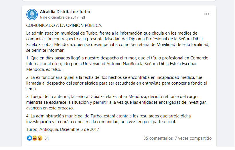 Comunicado de la Alcaldía de Turbo publicado en su cuenta de Facebook el 6 de diciembre de 2017.