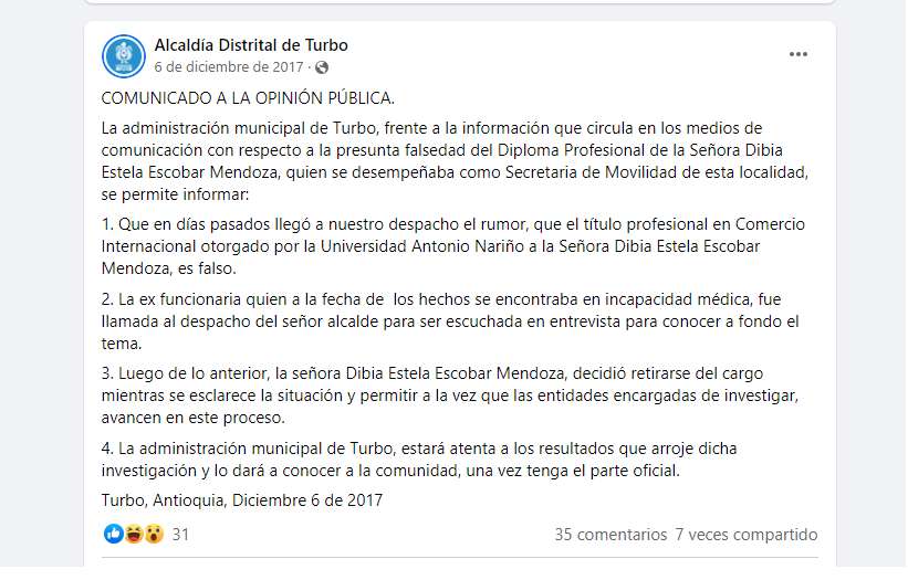 Comunicado de la Alcaldía de Turbo publicado en su cuenta de Facebook el 6 de diciembre de 2017.