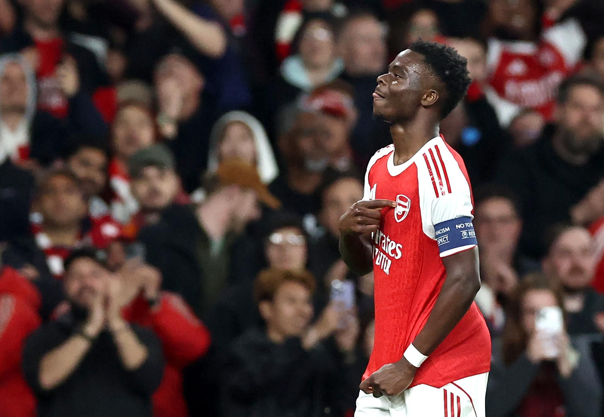 LONDON (United Kingdom), 05/05/2026.- Bukayo Saka of Arsenal celebrates after scoring the opening goal during the UEFA Champions League semi-finals 2nd leg match Arsenal FC against Atletico de Madrid, in London, Britain, 05 May 2026. (Liga de Campeones, Reino Unido, Londres) EFE/EPA/NEIL HALL