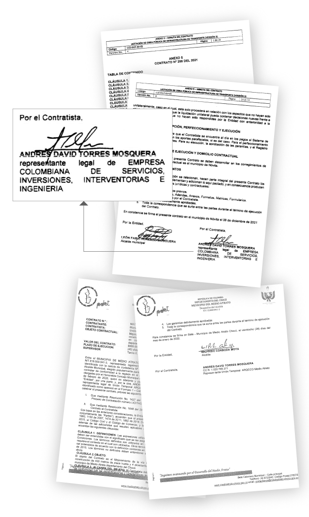 Facsímiles de los contratos a nombre de Andrés Torres, hijo de Édgar Torres, que este último político condenado por la parapolítica prometió como ayuda para impulsar a su hijo en su candidatura a la Cámara de Representantes.