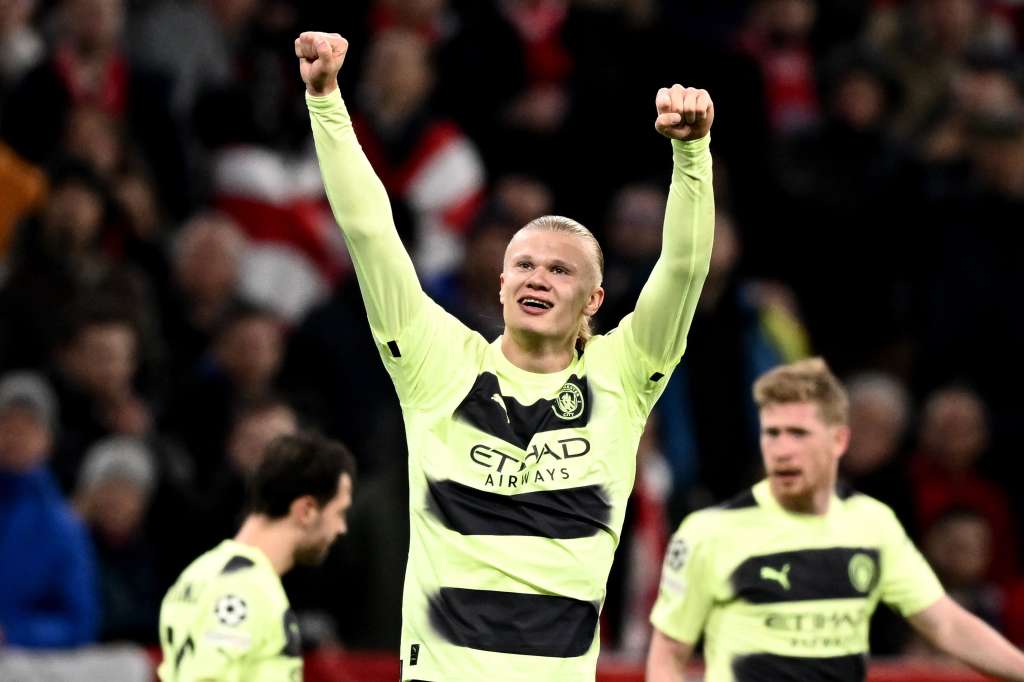 Munich (Germany), 19/04/2023.- Erling Haaland of Manchester City celebrates after scoring the 0-1 during the UEFA Champions League quarter final, 2nd leg match between Bayern Munich and Manchester City in Munich, Germany, 19 April 2023. (Liga de Campeones, Alemania) EFE/EPA/CHRISTIAN BRUNA