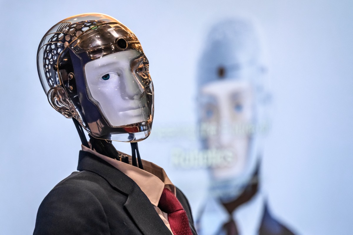 This photograph shows Robert the Robot, an advanced conversational humanoid developed by Geneva-based technology company RB Labs, at the AI for Good Global Summit, a United Nations flagship event aimed at shaping the future of artificial intelligence, in Geneva on July 7, 2026.