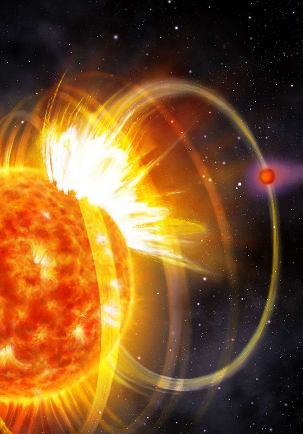 Representación de la Agencia Espacial Europea sobre lo que está ocurriendo con este exoplaneta a medida que interactúa con la estrella que órbita.