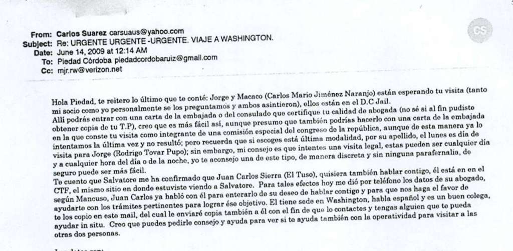 Pantallazo del correo de Carlos Suárez a Piedad Córdoba./ Archivo particular.