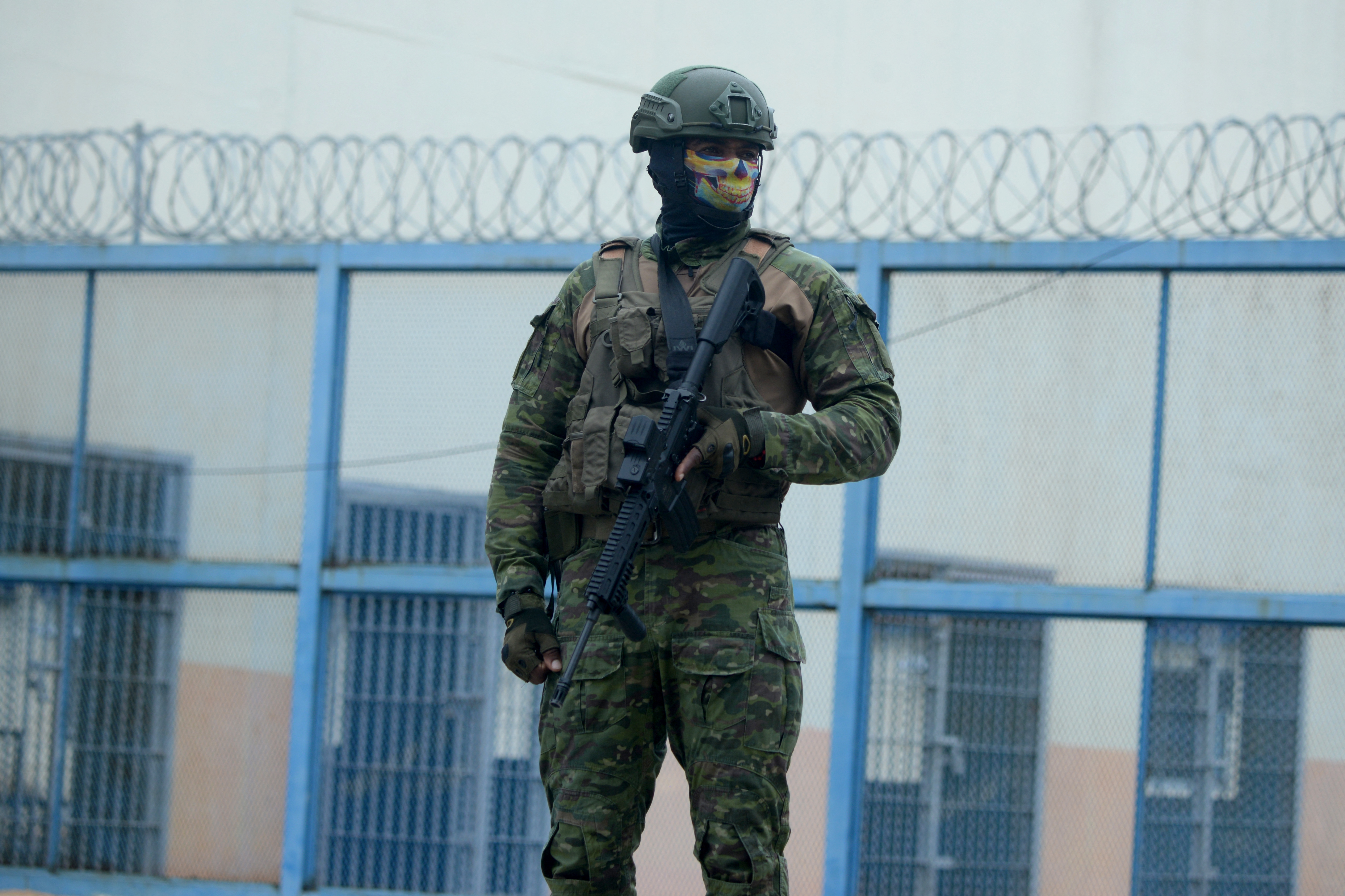 A soldiers stands guard during a raid at the Manabi N4 Detention Center, also known as El Rodeo Prison, in Portoviejo, Manabi province, Ecuador, on June 5, 2024.