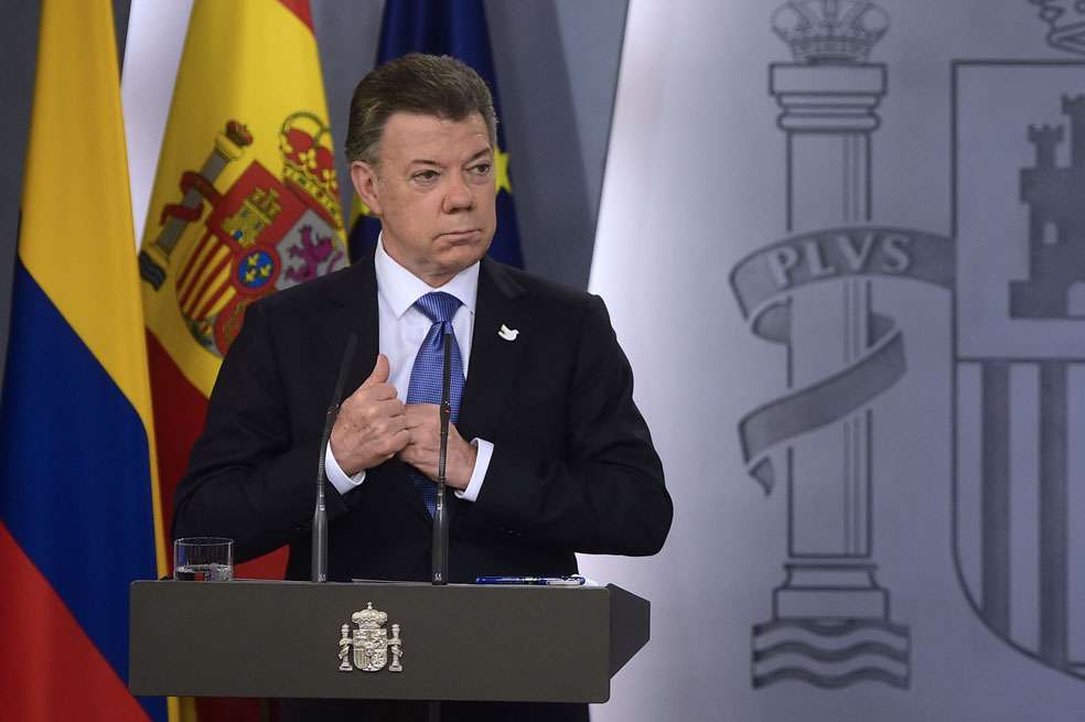 El presidente Juan Manuel Santos, ayer en su visita al Palacio de la Moncloa, sede del Gobierno español. / EFE