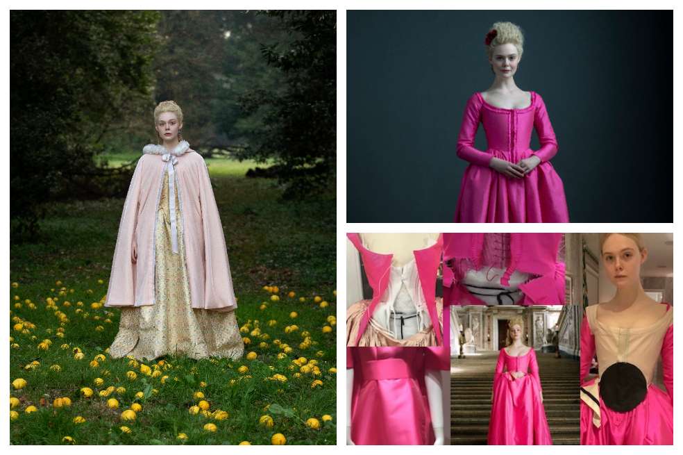 La actriz Elle Fanning como Catalina la Grande en la serie “The Great”, y bocetos realizados por Emma Fryer.