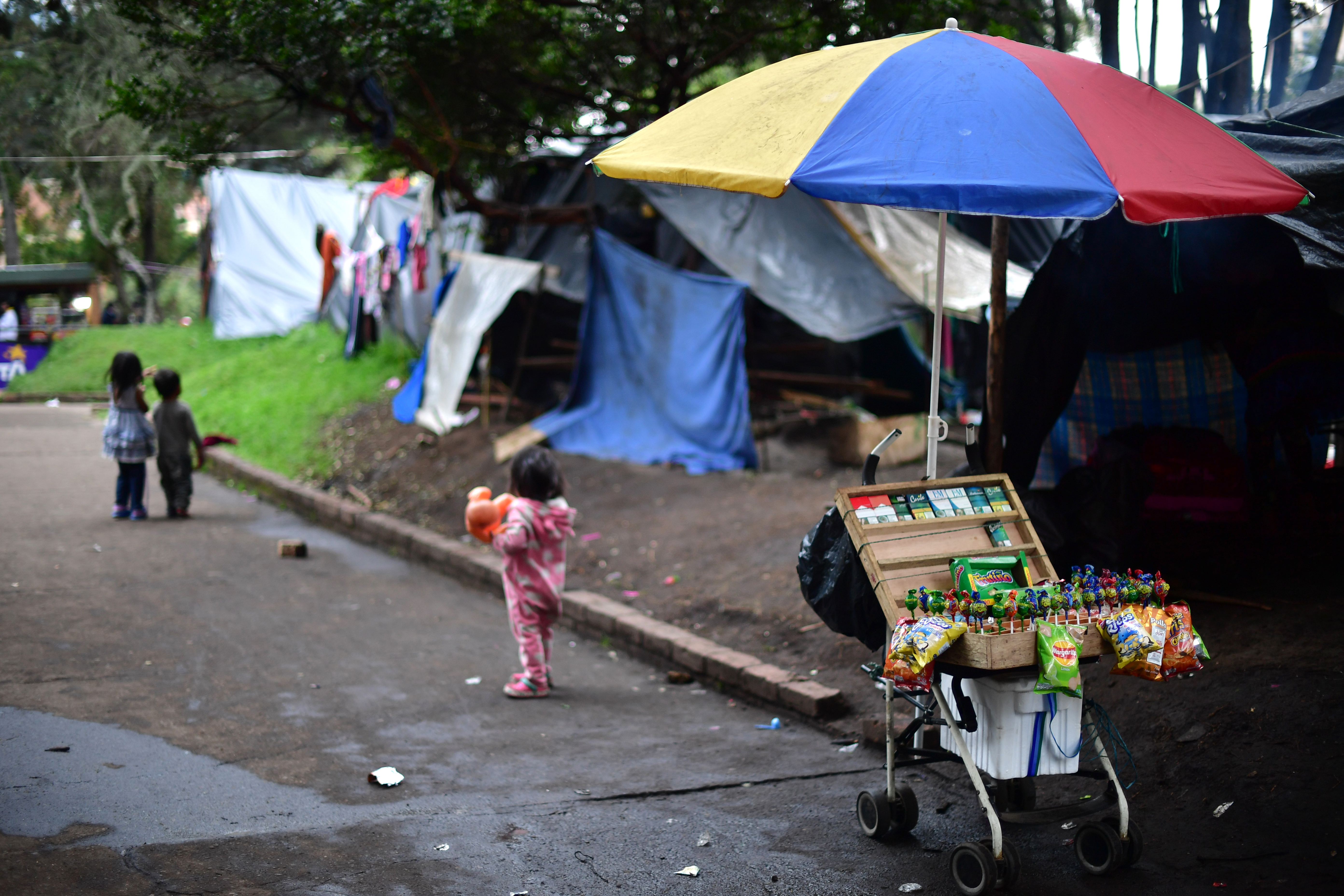 Indígenas asentados con cambuches de plásticos en el Parque Nacional, al que llegaron el 29 de septiembre en  su mayoría son niños, mujeres embarazadas y lactantes.