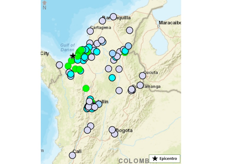 Los puntos morados representan los lugares donde "apenas se sintió" el temblor. Los verdes donde se sintió fuertemente.