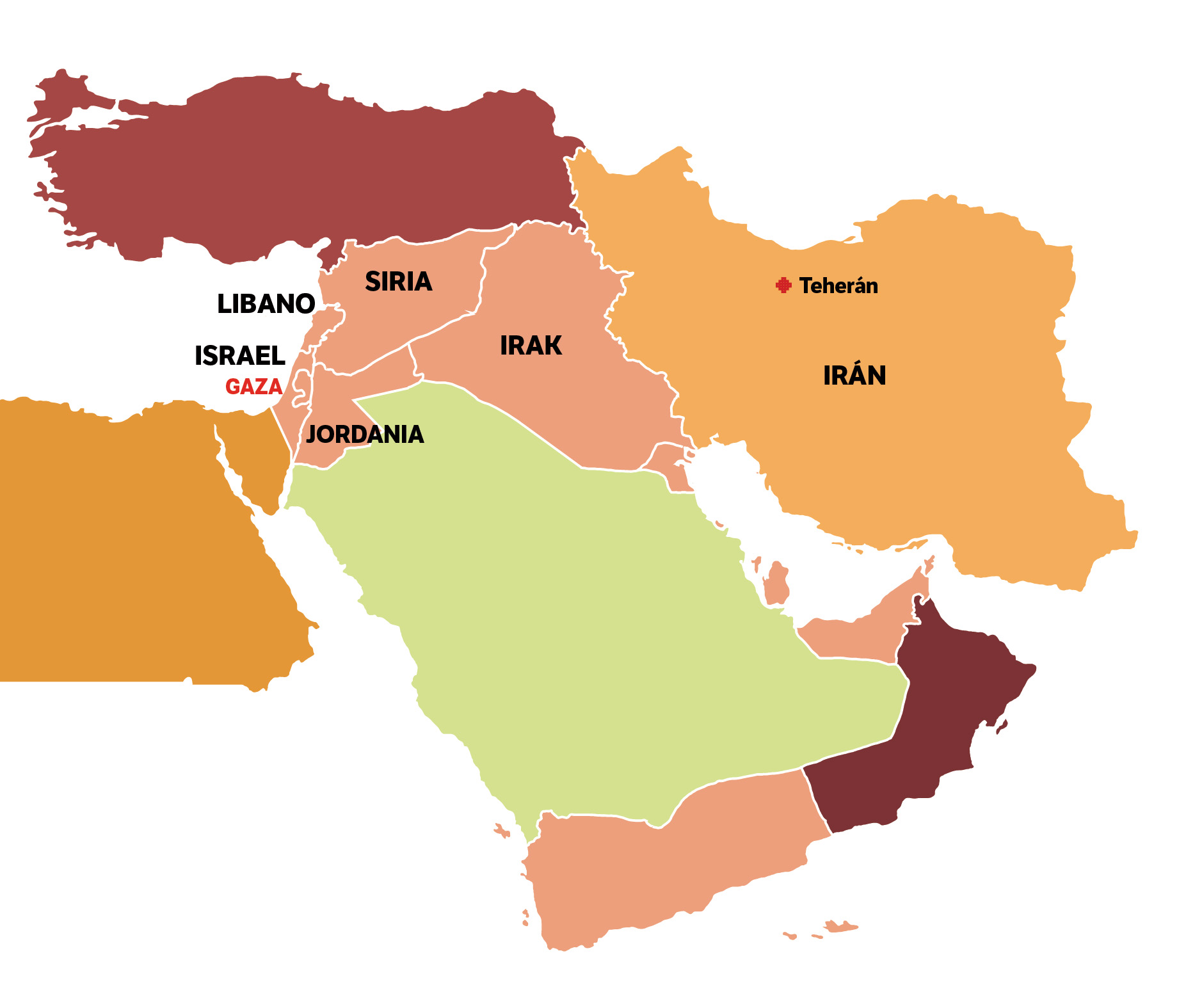 Mapa que ubica a Israel, Líbano, Irán, Jordania, Siria, e Irak.