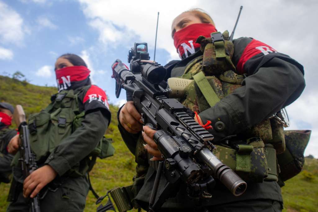 National Liberation Army ELN rebels of the Manuel Vazquez Castano northeastern war front stand guard at Catatumbo region, Colombia on March 8, 2025.
