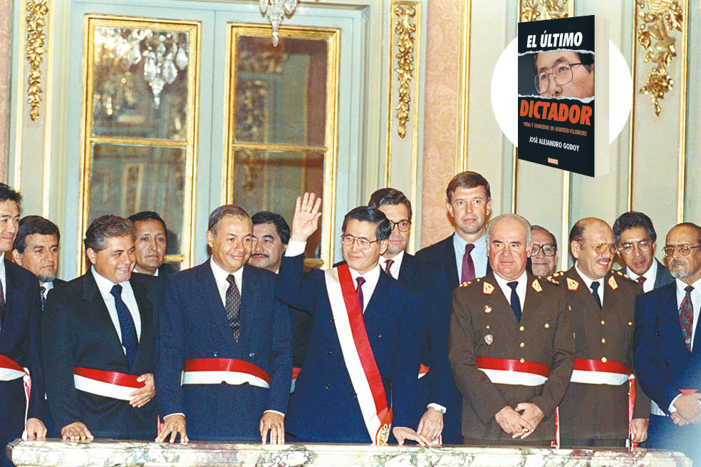 Alberto Fujimori presentando a su nuevo gabinete de mando, dos días después de disolver el Congreso Nacional de Perú, 7 de abril de 1992. Arriba, a la derecha, la portada del libro citado en este fragmento.