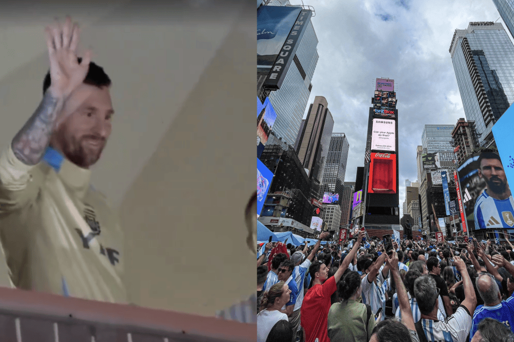 Lionel Messi (izq.) saluda a los hinchas que se acercaron a su hotel por su cumpleaños. En Times Square, miles se congregaron para festejar a Argentina.