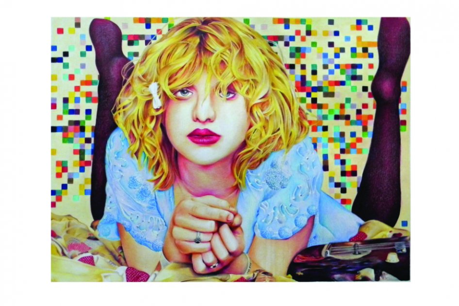 Pieza III, "This is about Love", 2010 (Retrato de Courtney Love con fondo pintura de Ellsworth Kelly: "Spectrum Colours Arranged By Chance II", 1951) Dibujo lápiz de color sobre papel 50 x 37 cms. / Foto: Archivo privado Andrés Matías Pinilla.