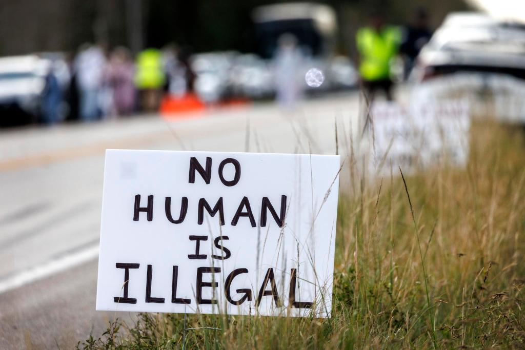 OCHOPEE (United States), 03/11/2025.- A anti-immigration sign is displayed during a protest at the entrance to the Alligator Alcatraz detention center in Ochopee, Florida, USA, 02 November 2025. Florida activists join communities across the country for the National Day of Action to End Detention and Deportation, demanding the release of all those detained and an end to the United States Immigration and Customs Enforcement (ICE) sweeps that are breaking families apart. (Protestas, Estados Unidos) EFE/EPA/CRISTOBAL HERRERA-ULASHKEVICH