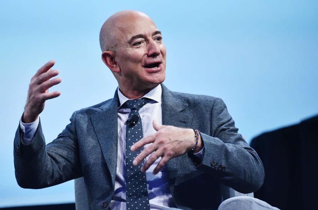 (FILES) Blue Origin founder Jeff Bezos speaks after receiving the 2019 International Astronautical Federation (IAF) Excellence in Industry Award during the the 70th International Astronautical Congress at the Walter E. Washington Convention Center in Washington, DC on October 22, 2019.