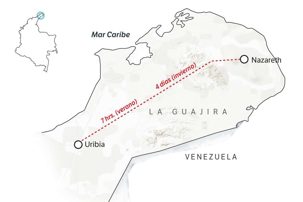 Desde el corregimiento Nazareth, que es el inicio de la Guajira, hasta Uribia, el traslado suele ser entre 6 y 7 horas en verano. La cosa cambia cuando hay lluvia, porque nos terminamos echando hasta 3 o 4 días, dependiendo de cómo encuentren las vías.