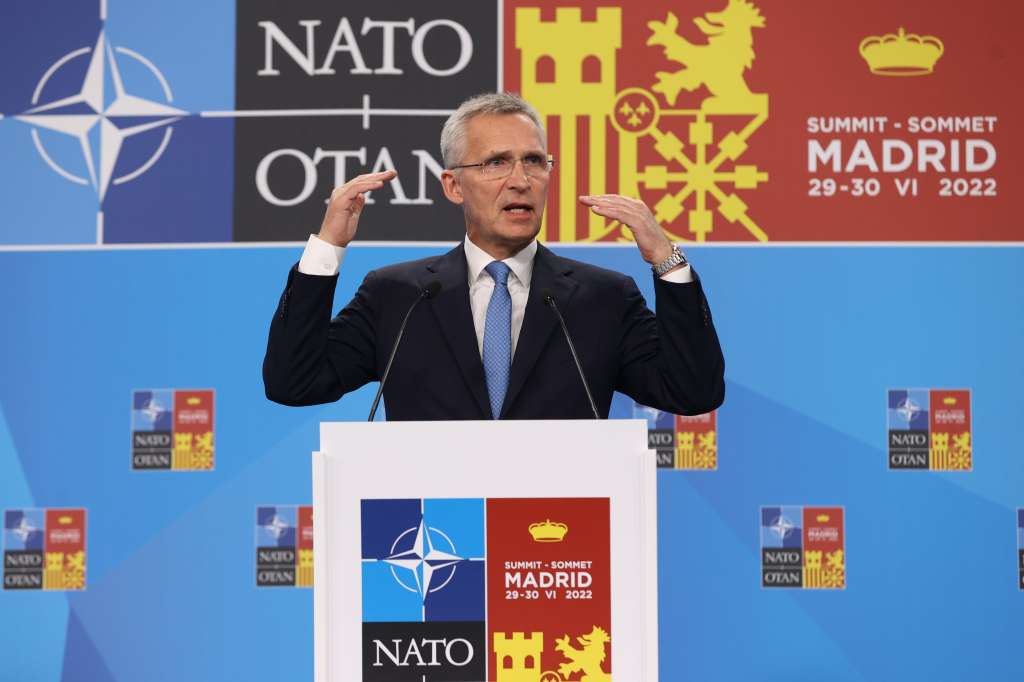 MADRID, 29/06/2022.- El secretario general de la OTAN Jens Stoltenberg durante la rueda de prensa que ofrece en el marco de la sesión de tarde de la primera jornada de la Cumbre de la OTAN, este miércoles en Madrid. EFE/Kiko Huesca