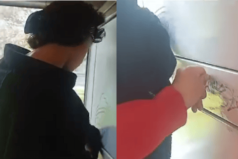 “¿Qué necesidad había?”: ponen a jóvenes a limpiar grafitis, que pintaron en un TM