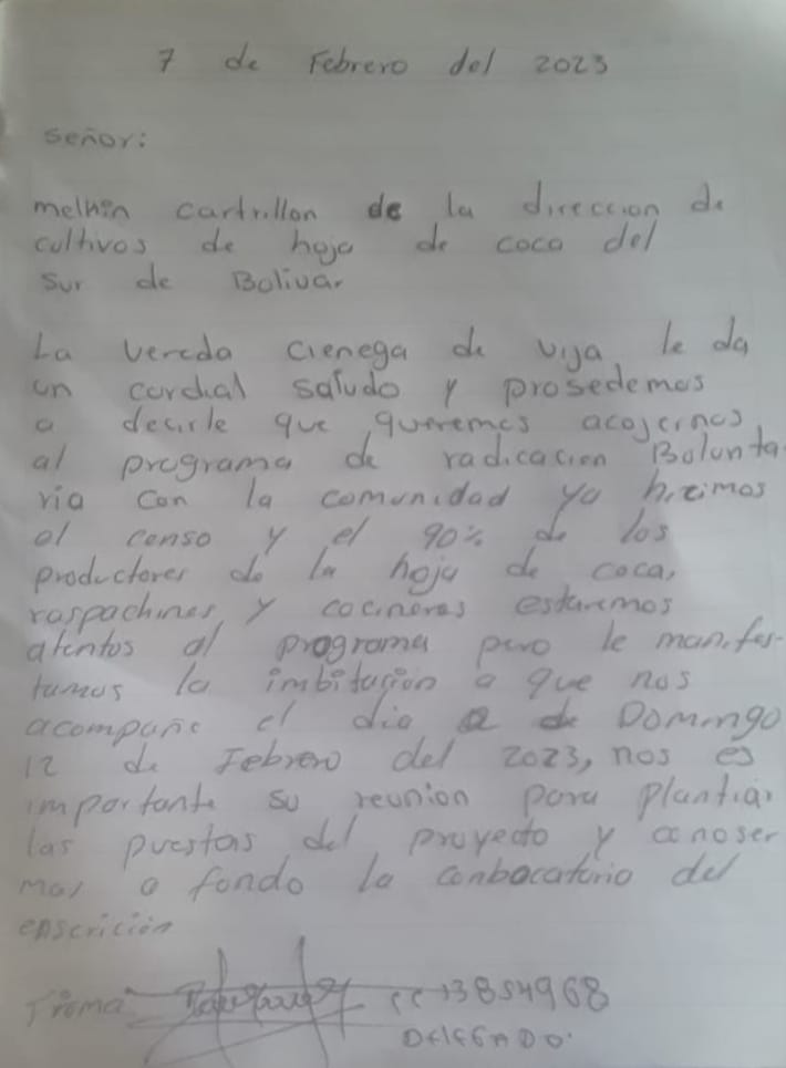 Carta de intención de campesinos de Ciénega de Vija enviada al director regional del Programa de Sustitución de Cultivos Ilícitos.