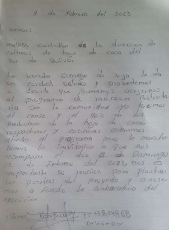 Carta de intención de campesinos de Ciénega de Vija enviada al director regional del Programa de Sustitución de Cultivos Ilícitos.