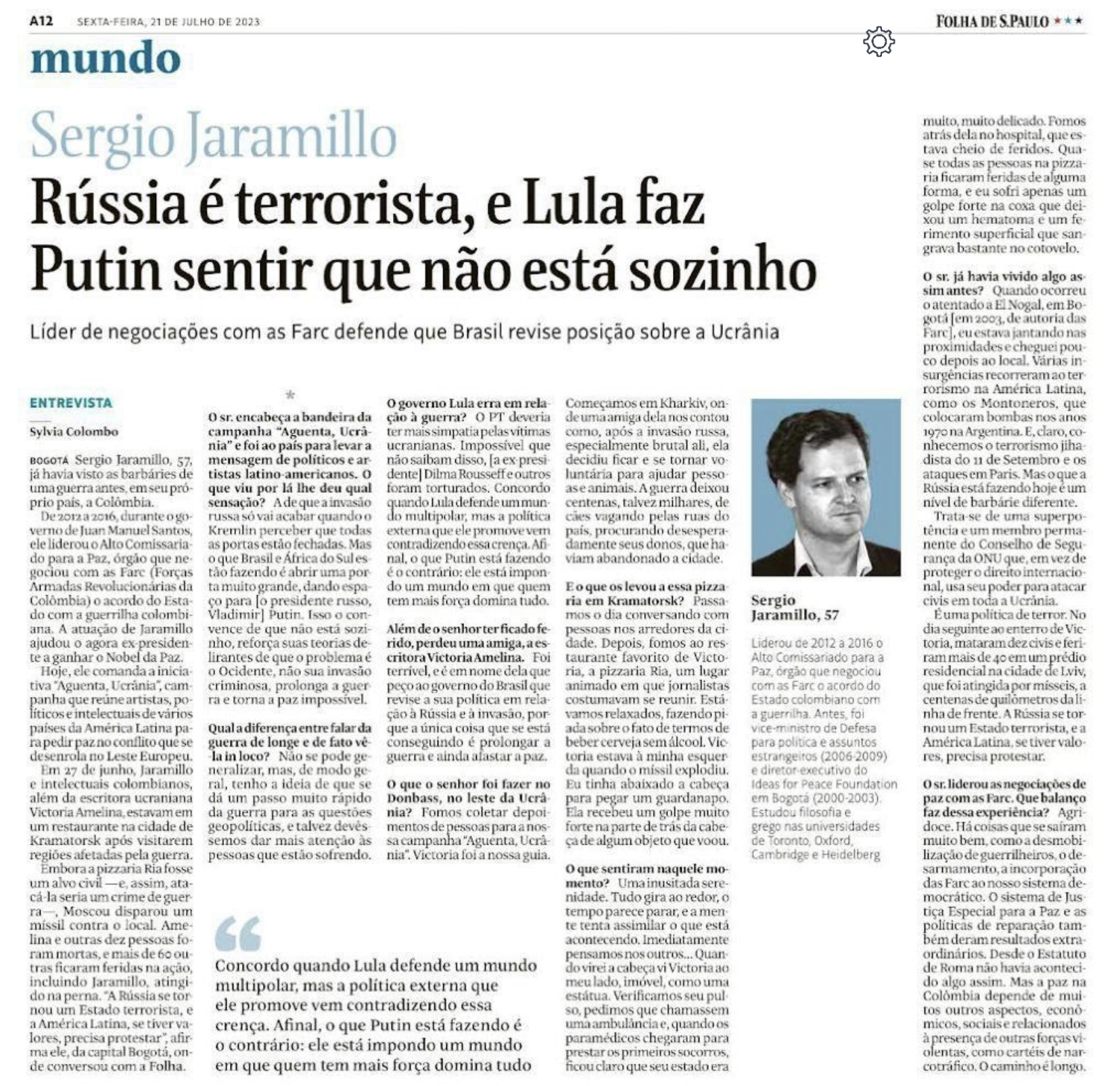 Facsímil de la entrevista que publica el diario Folha de Sao Paulo de Brasil con el excomisionado de paz y líder del movimiento ¡Aguanta Ucrania! Sergio Jaramillo sobre la invasión rusa y la titubeante posición diplomática brasileña