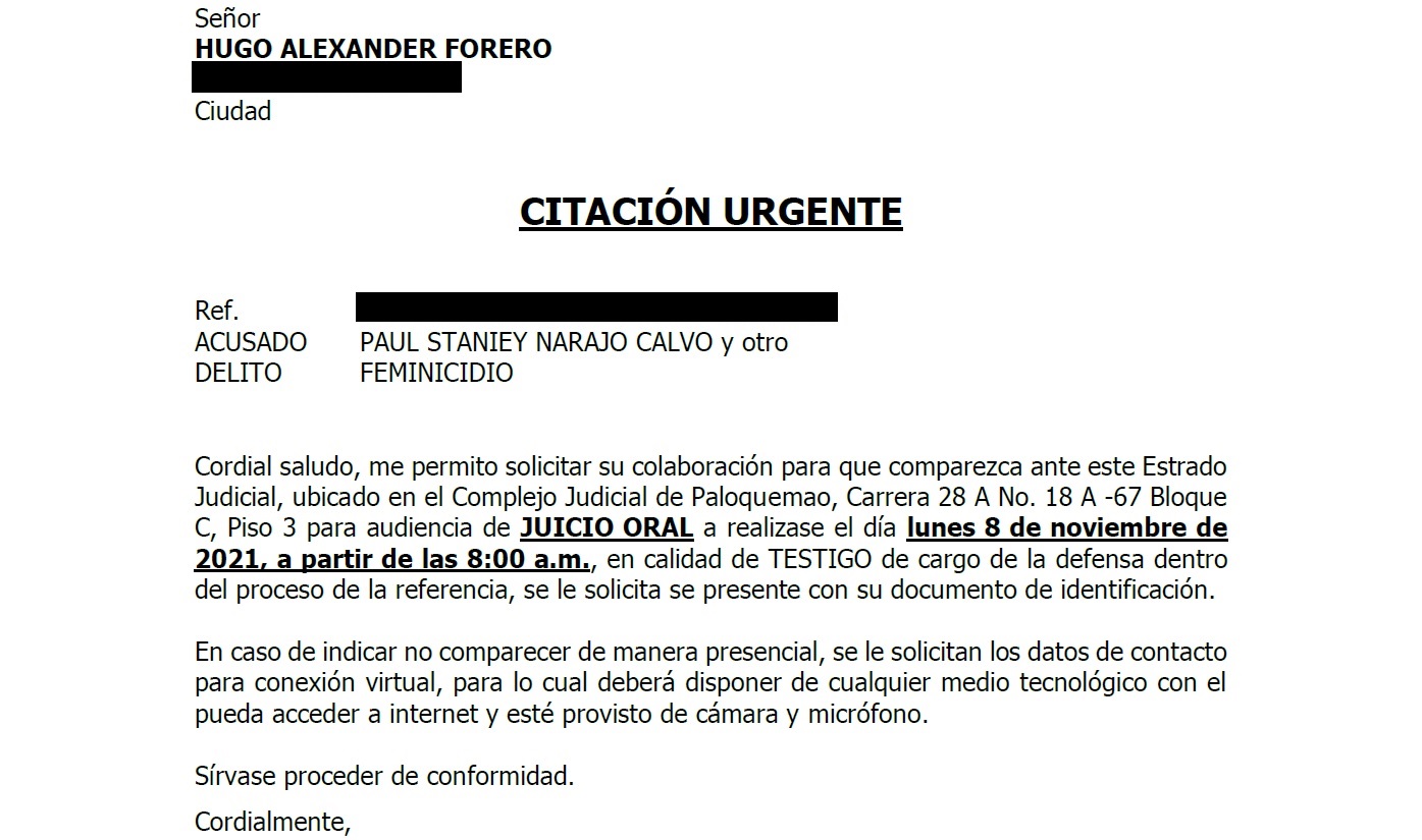 Citación urgente al testigo Alexander Forero.