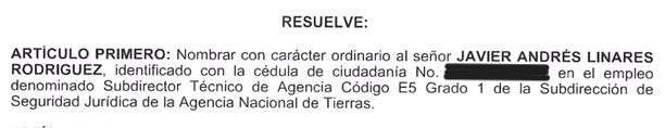 El decreto que ordenó el nombramiento de Javier Andrés Linares Rodríguez.