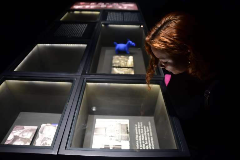 Una joven observa una de las fotografías exhibidas en “Vida y obra de Frida Kahlo”, que contiene una leyenda sobre el primer encuentro de la artista con el surrealista André Breton.