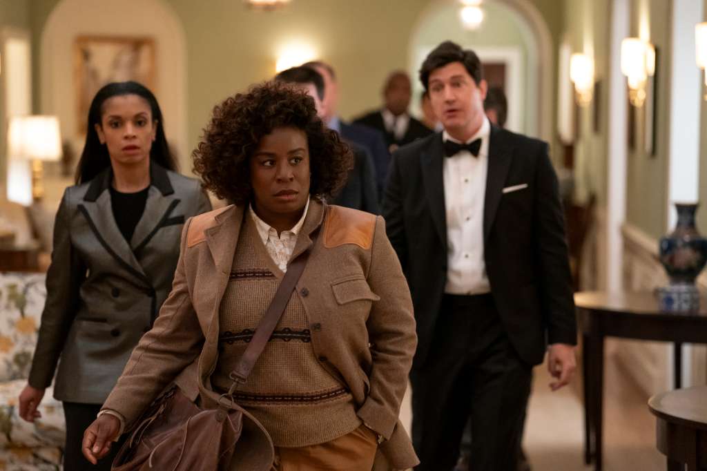 The Residence. (L to R) Susan Kelechi Watson as Jasmine Haney, Uzo Aduba as Cordelia Cupp, Ken Marino as Harry Hollinger in episode 101 of The Residence. Cr. Jessica Brooks/Netflix © 2024