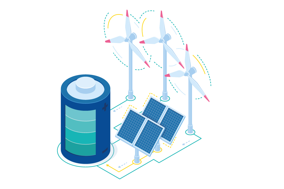 Ilustración de una batería junto a paneles solares y aerogeneradores.