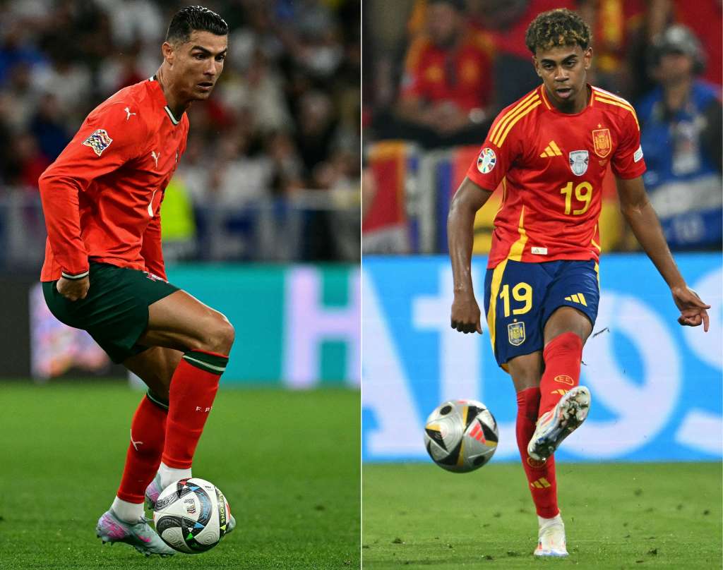 (COMBO) This combination of pictures created on June 06, 2025 shows Portugal's forward #07 Cristiano Ronaldo (L) controling the ball during the UEFA Nations League semi-final football match between Germany and Portugal in Munich, southern Germany on June 4, 2025 and Spain's forward #19 Lamine Yamal passing the ball during the UEFA Euro 2024 semi-final football match between Spain and France at the Munich Football Arena in Munich on July 9, 2024.