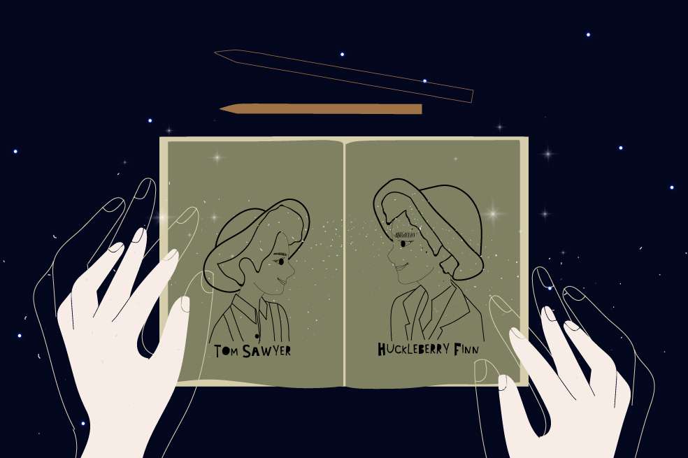 Ilustración de findo oscuro. Un libro con dos páginas abiertas muestra, de un lado, a Tom Sawyer, y, del otro, a Huckleberry Finn.
