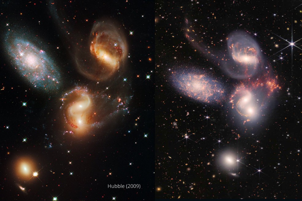 El quinteto de Stephan, una agrupación visual de cinco galaxias, fue registrada en 2009 por el telescopio Hubble (a la izquierda). Recientemente, volvió a ser capturada por el Webb.