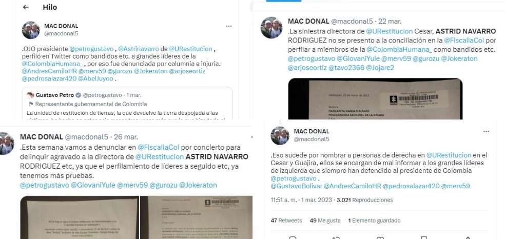 Trinos que Mac Donal Montero ha replicado decenas de veces durante las últimas semanas en contra de Astrid Navarro.
