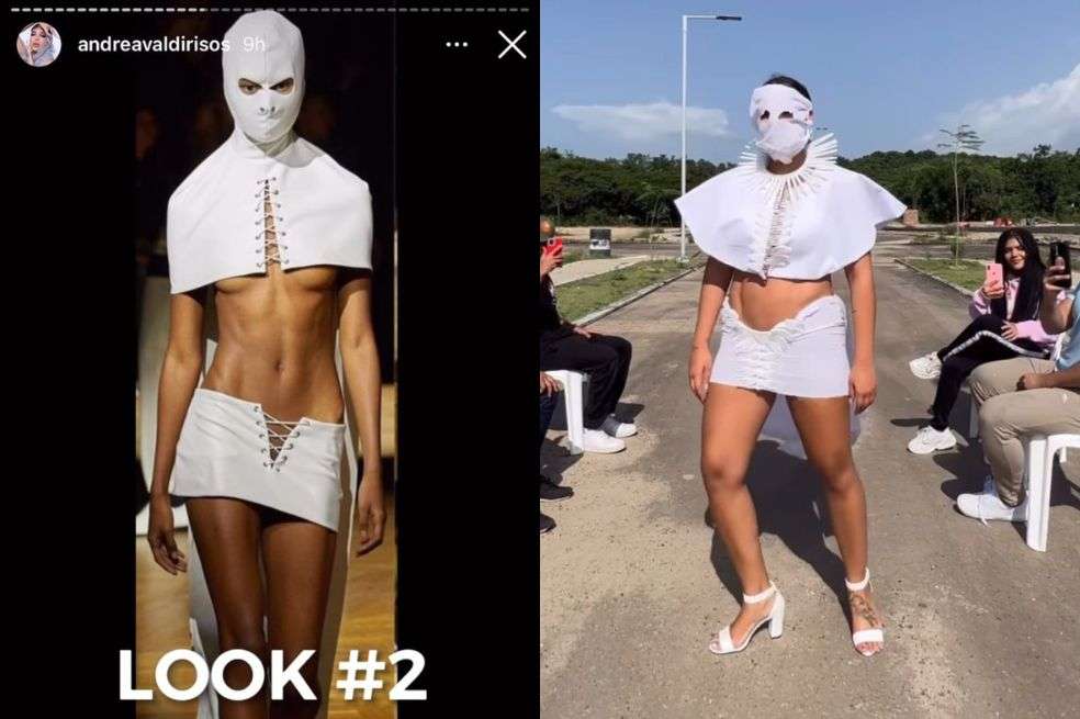 Andrea Valdiri se arriesgó a imitar las prendas más famosas y extravagantes de la moda, pero con material reciclable.