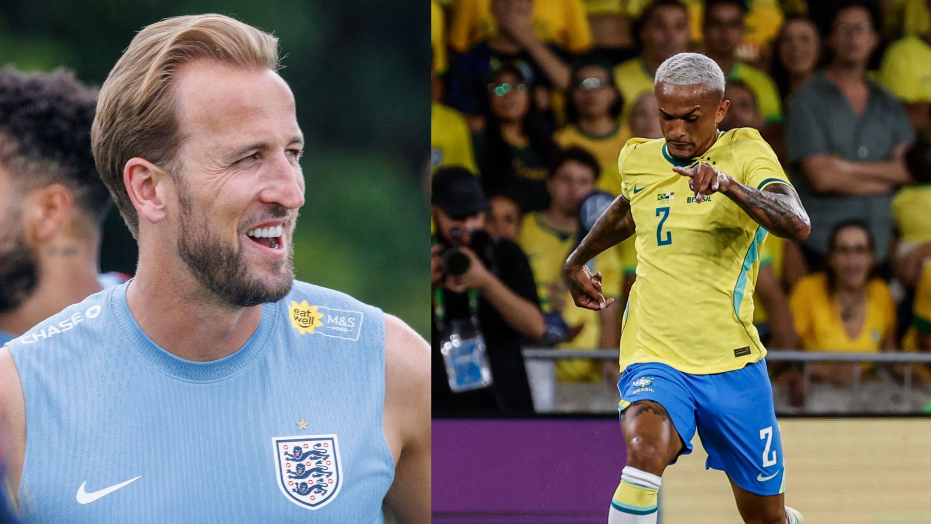 Harry Kane, delantero y capitán de la selección de Inglaterra, y Wesley França, convocado por Brasil para el Mundial 2026.