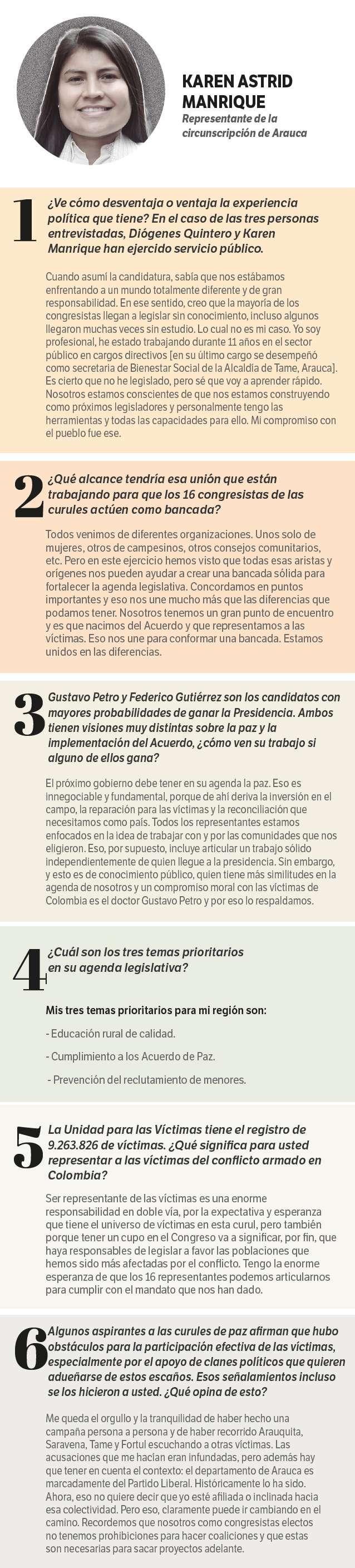 Karen Manrique, representante de la circunscripción de Arauca, respondió preguntas sobre la llegada del nuevo gobierno, los puntos de su agenda legislativa para impulsar las necesidades de las víctimas y algunos señalamientos que les hicieron a sus campañas, entre otras.