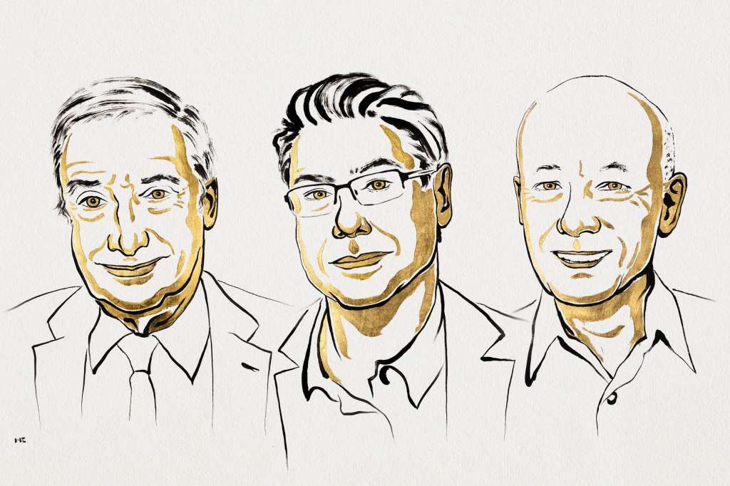 Joel Mokyr, Philippe Aghion y Peter Howitt. Crédito: The Sveriges Riksbank Prize in Economic Sciences in Memory of Alfred Nobel 2025