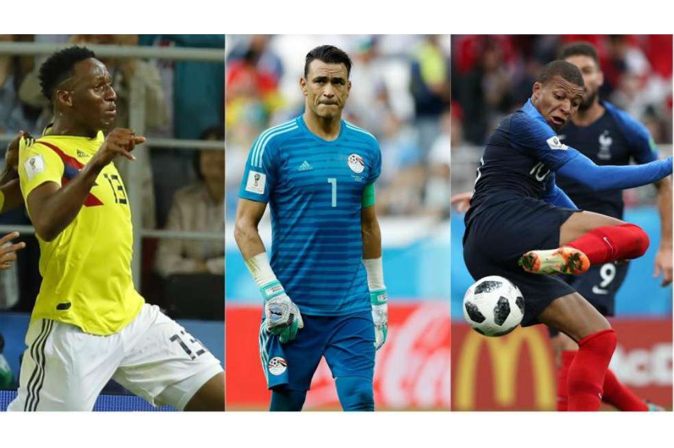 Los jugadores Yerry Mina (Colombia), Essam El-Hadary (Egipto) y Kylian Mbappé (Francia) consiguieron algunas marcas históricas en el Mundial de Rusia 2018 / Agencia Anadolu